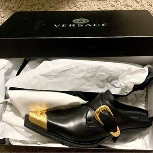 Versace Men's Black Loafers with Gold Accents